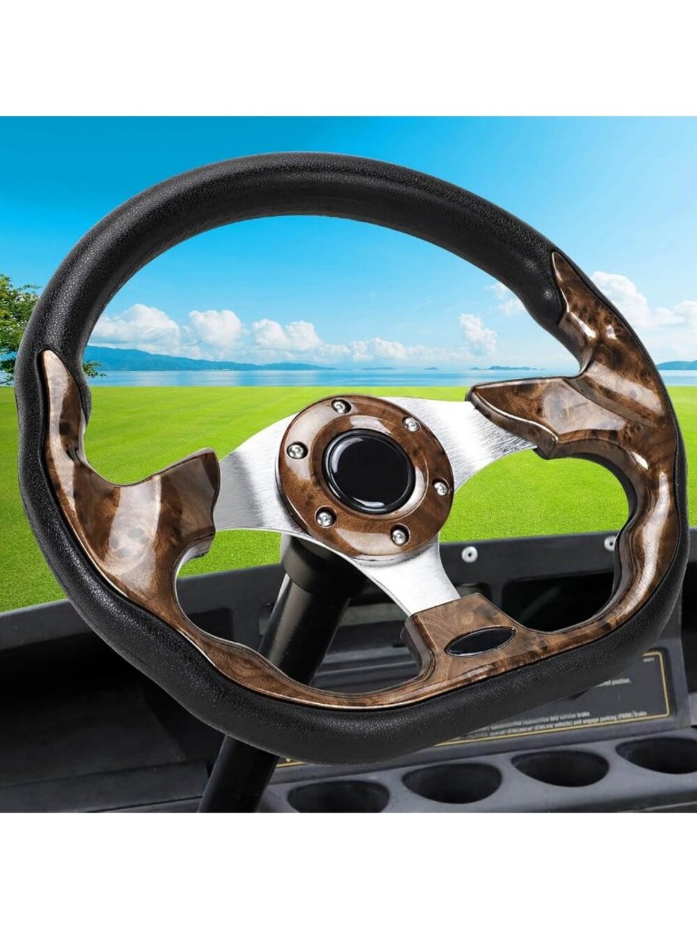 Ergonomic Golf Cart Steering Wheel - Comfortable Grip, D-Shape Wood Grain Design